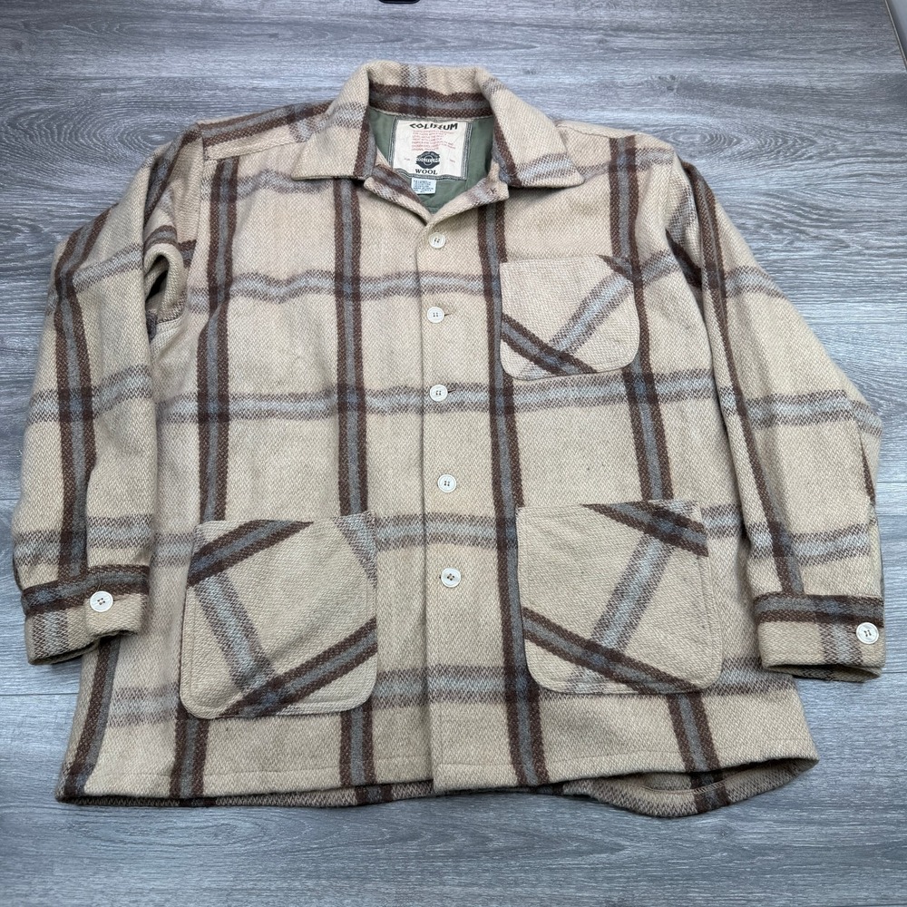Coliseum Overshirt Mens XL Beige Brown Wool Blend Plaid Shirt Jacket Shacket CPO